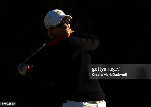 Karrie Webb of Australia tees off on the 12th hole during round one of the 2010 Women's Australian Open at The Commonwealth Golf Club on March 11,...