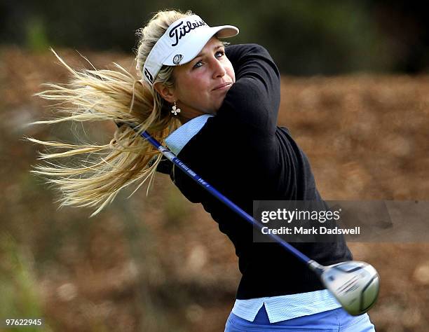 Danielle Bowers of England hits a tee shot on the fourth hole during round one of the 2010 Women's Australian Open at The Commonwealth Golf Club on...