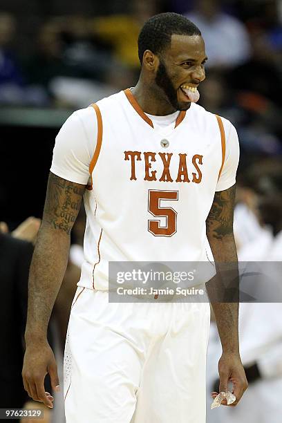 Damion James of the Texas Longhorns reacts in the second half while taking on the Iowa State Cyclones during the first round game of the 2010...