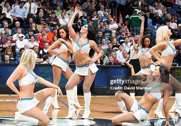 The Minnesota Timberwolves Dance Team performs during a timeout during the game against the Denver Nuggets on March 10, 2010 at the Target Center in...