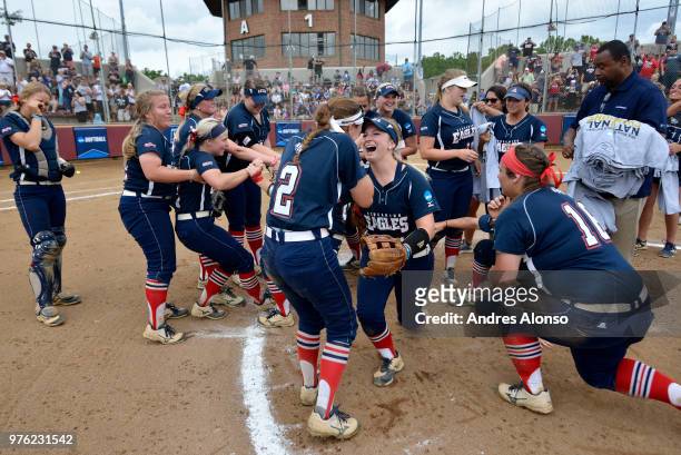 The University of Southern Indiana celebrates winning the Division II Women's Softball Championship held at the James I. Moyer Sports Complex on May...