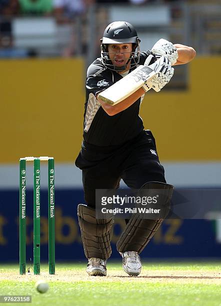 Ross Taylor of New Zealand bats during the fourth One Day International match between New Zealand and Australia at Eden Park on March 11, 2010 in...