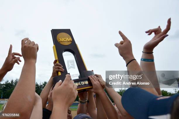 The University of Southern Indiana celebrates winning the Division II Women's Softball Championship held at the James I. Moyer Sports Complex on May...