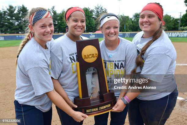 The University of Southern Indiana celebrates winning the Division II Women's Softball Championship held at the James I. Moyer Sports Complex on May...