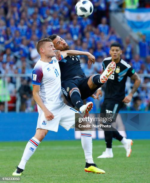 Alfred Finnbogason and Nicolas Otamendi during the 2018 FIFA World Cup Russia group D match between Argentina and Iceland at the Spartak Stadium on...