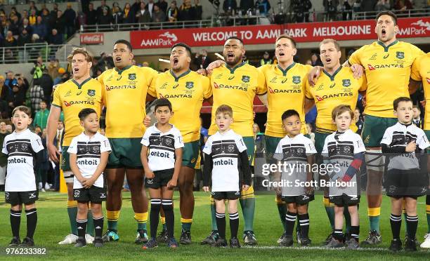 Michael Hooper of the Wallabies looks on as the Wallabies stand for the national anthem during the International test match between the Australian...