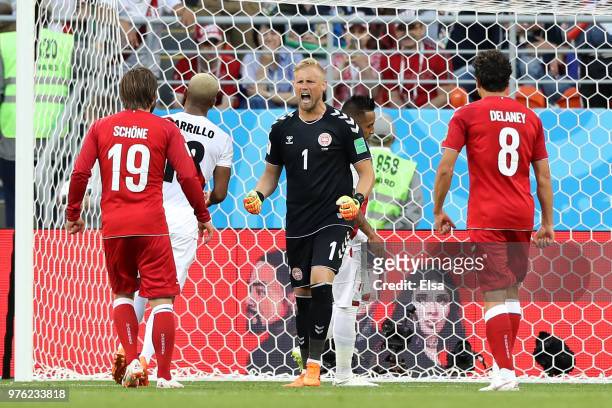 Kasper Schmeichel of Denmark celebrates following Christian Cueva of Peru missing a penalty, during the 2018 FIFA World Cup Russia group C match...