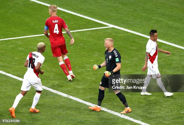 Kasper Schmeichel of Denmark celebrates following Christian Cueva of Peru missing a penalty, during the 2018 FIFA World Cup Russia group C match...