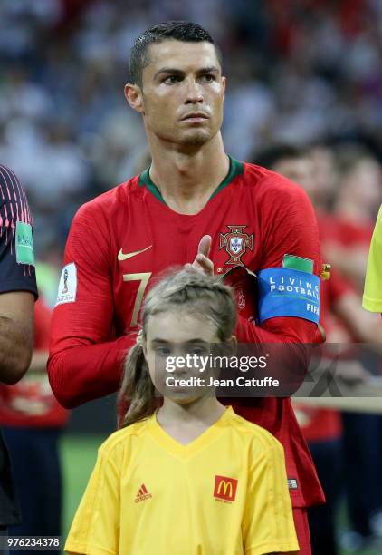 Cristiano Ronaldo of Portugal poses before the 2018 FIFA World Cup Russia group B match between Portugal and Spain at Fisht Stadium on June 15, 2018...