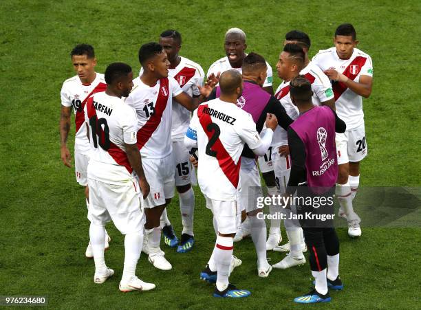 Christian Cueva of Peru is consoled by team mates after missinga penalty during the 2018 FIFA World Cup Russia group C match between Peru and Denmark...