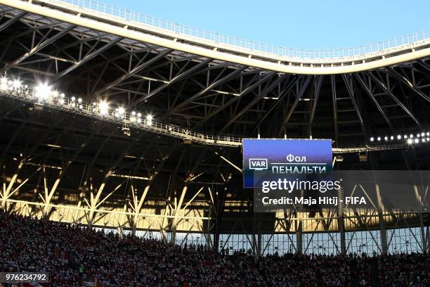 General view inside the stadium displaying the VAR technology screen during the 2018 FIFA World Cup Russia group C match between Peru and Denmark at...