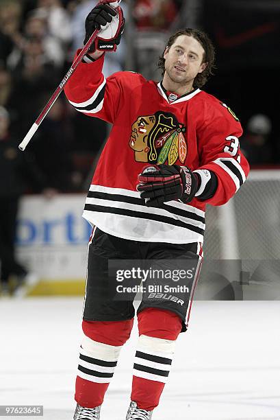 Adam Burish of the Chicago Blackhawks is chosen as second star player of the night against the Los Angeles Kings on March 10, 2010 at the United...