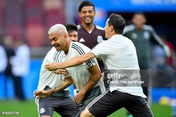 Oribe Peralta, Jesus Manuel Corona and Andres Guardado of Mexico plays during Match Day -1 Training Session and Press Confrence at Luzhniki Stadium...