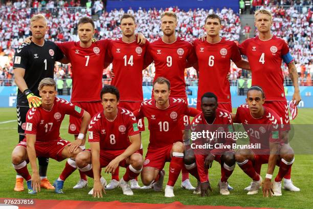 The Denmark team line up ahead of the 2018 FIFA World Cup Russia group C match between Peru and Denmark at Mordovia Arena on June 16, 2018 in...