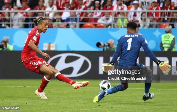 Yussuf Yurary Poulsen of Denmark scores the opening goal during the 2018 FIFA World Cup Russia group C match between Peru and Denmark at Mordovia...
