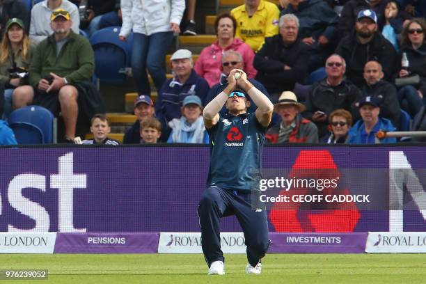 England's David Willey takes a catch to dismiss Australia's Glenn Maxwell during play in the 2nd One Day International cricket match between England...