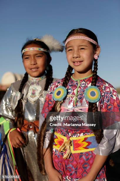 Native American dancers pose for a portrait after performing at camp on June 14, 2018 in Reno, Nevada. The Reno Rodeo Cattle Drive celebrates the...