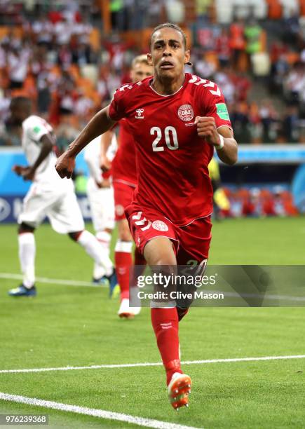 Yussuf Yurary Poulsen of Denmark celebrates after scoring his team's first goal during the 2018 FIFA World Cup Russia group C match between Peru and...