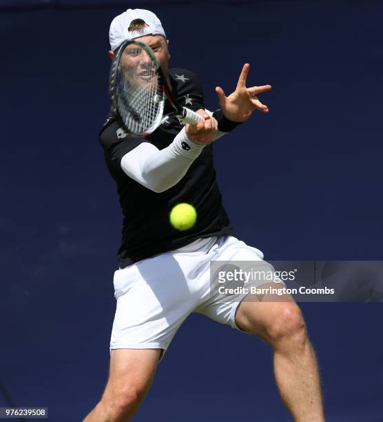 Illya Marchenko of the Ukraine in action during Day One of the Fuzion 100 Ikley Trophy at Ilkley Lawn Tennis & Squash Club on June 16, 2018 in...