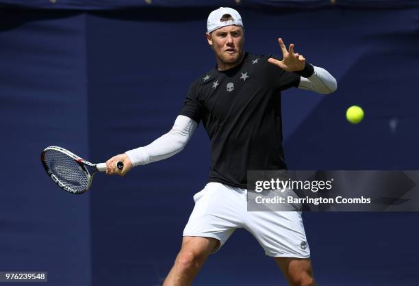 Illya Marchenko of the Ukraine in action during Day One of the Fuzion 100 Ikley Trophy at Ilkley Lawn Tennis & Squash Club on June 16, 2018 in...