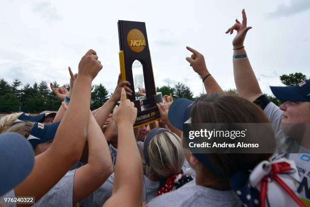 The University of Southern Indiana celebrates winning the Division II Women's Softball Championship held at the James I. Moyer Sports Complex on May...