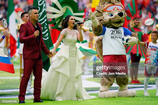 Robbie Williams and Aida Garifullina perform during the 2018 FIFA World Cup Russia Opening Ceremony prior to group A match between Russia and Saudi...