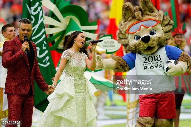 Robbie Williams and Aida Garifullina perform during the 2018 FIFA World Cup Russia Opening Ceremony prior to group A match between Russia and Saudi...