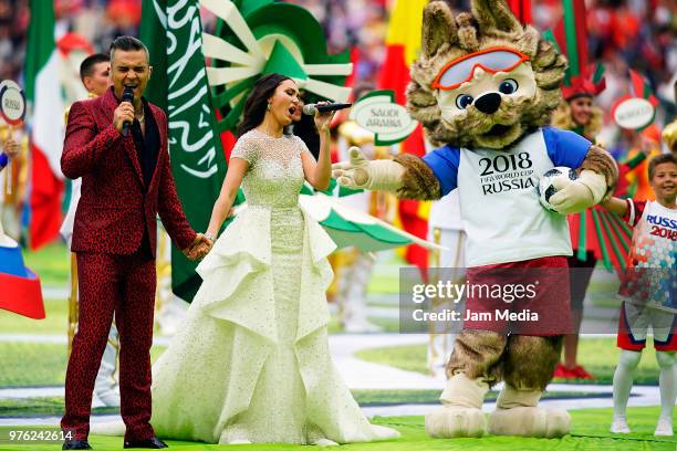 Robbie Williams and Aida Garifullina perform during the 2018 FIFA World Cup Russia Opening Ceremony prior to group A match between Russia and Saudi...