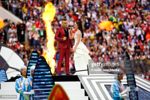 Robbie Williams and Aida Garifullina perform during the 2018 FIFA World Cup Russia Opening Ceremony prior to group A match between Russia and Saudi...