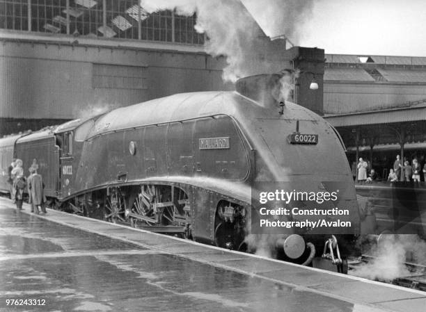 Ex LNER streamlined A4 Class Pacific 4-6-2 Mallard at London, Kings Cross, circa 1958.