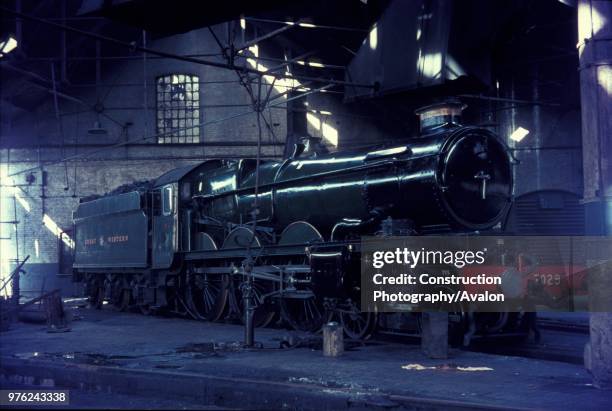 Former Great Westerm Castle Class 4-6-0 No.7029, Clun Castle, minus nameplates, in the roundhouse at Tyseley depot, Birmingham. This locomotive was...