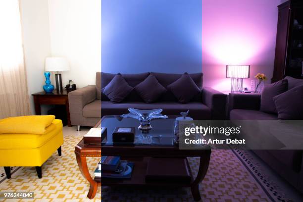 three picture combination of different lights in living room. - debat fotografías e imágenes de stock