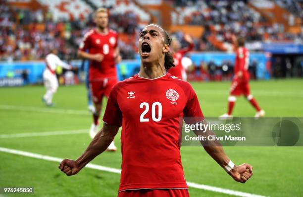 Yussuf Yurary Poulsen of Denmark celebrates after scoring his team's first goal during the 2018 FIFA World Cup Russia group C match between Peru and...