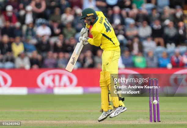 Australia's Ashton Agar survives a near miss during the Royal London One-Day Series 2nd ODI between England and Australia at Sophia Gardens on June...