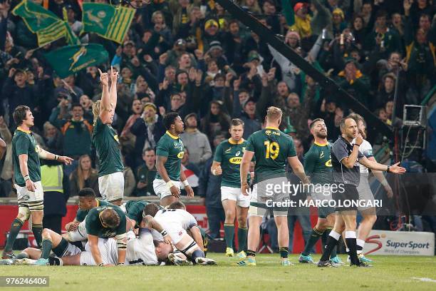 South Africa's flanker Pieter-Steph du Toit raises his hands in celebration after the Springboks won the second test match South Africa vs England at...