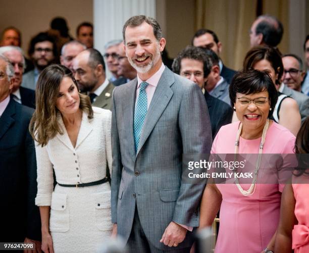 King Felipe VI and Queen Letizia of Spain listen to traditional New Orleans brass music with New Orleans mayor LaToya Cantrell as part of the city's...