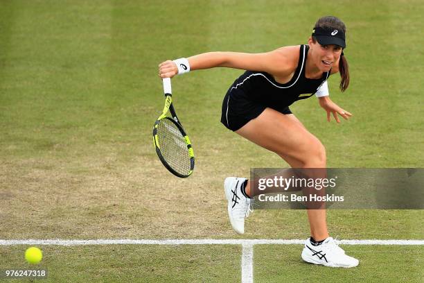 Johanna Konta of Great Britain in action in the Womens Singles Semi Final during Day Eight of the Nature Valley Open at Nottingham Tennis Centre on...