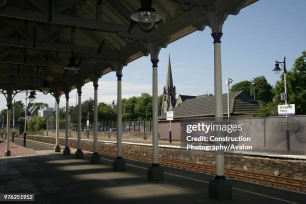 Platform, lighting and refurbished platform canopy at Broughty Ferry station, Tayside 31st May 2007.