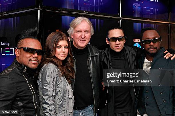 Black Eyed Peas band members apl.de.ap; Fergie; "Avatar" director James Cameron, Black Eyed Peas members Taboo and Will.i.am attend the Samsung 3D...