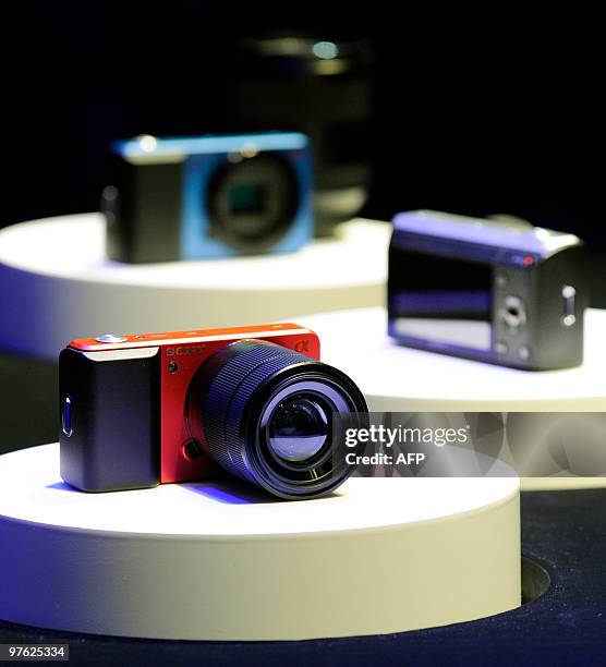 Sony prototype model of the ultra compact interchangeable-lens digital camera with an APS-C sized CMOS image sensor is displayed at the annual Camera...