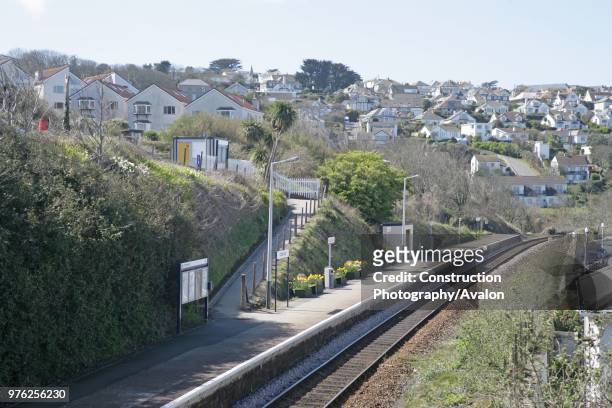 The station platform and branch line at Carbis Bay, Cornwall, with the village in the background 3rd April 2006.