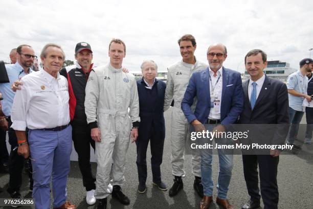 Jacky Ickx of Belgium with actor Michael Fassbender of Ireland, Jean Todt of France and FIA President, tennis player Rafael Nadal of Spain, on the...