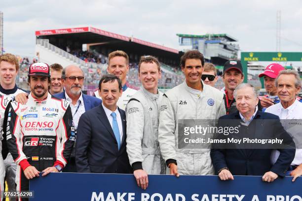 Fernando Alonso of Spain and Toyota Gazoo Racing with actor Michael Fassbender of Ireland; tennis player Rafael Nadal of Spain, Jean Todt of France...