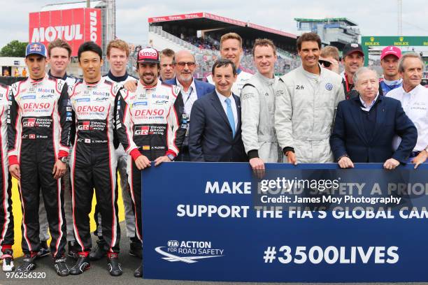 Sebastien Buemi of Switzerland and Toyota Gazoo Racing; Kazuki Nakajima of Japan and Toyota Gazoo Racing Fernando Alonso of Spain and Toyota Gazoo...