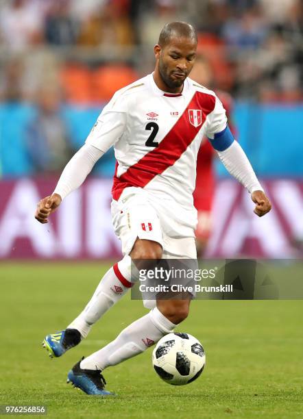 Alberto Rodriguez of Peru in action during the 2018 FIFA World Cup Russia group C match between Peru and Denmark at Mordovia Arena on June 16, 2018...