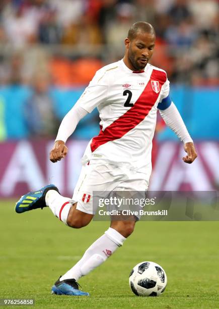 Alberto Rodriguez of Peru in action during the 2018 FIFA World Cup Russia group C match between Peru and Denmark at Mordovia Arena on June 16, 2018...