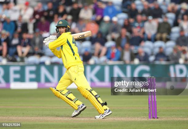 Shaun Marsh of Australia scores runs during the 2nd Royal London ODI match between England and Australia at SWALEC Stadium on June 16, 2018 in...