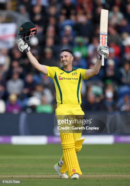 Shaun Marsh of Australia celebrates reaching his century during the 2nd Royal London ODI between England and Australia at SWALEC Stadium on June 16,...