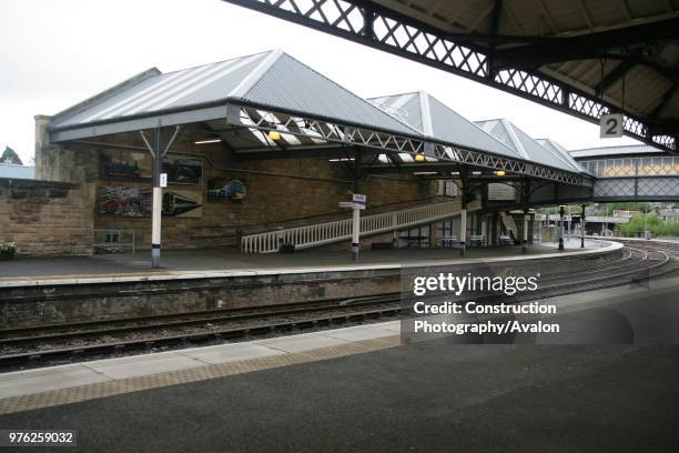 View of the platforms, platform canopies and access ramp at Perth station, Perthshire 30th May 2007.