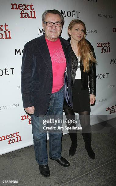 Director Milos Forman and guest attend a VIP performance of "Next Fall" on Broadway at the Helen Hayes Theatre on March 10, 2010 in New York City.